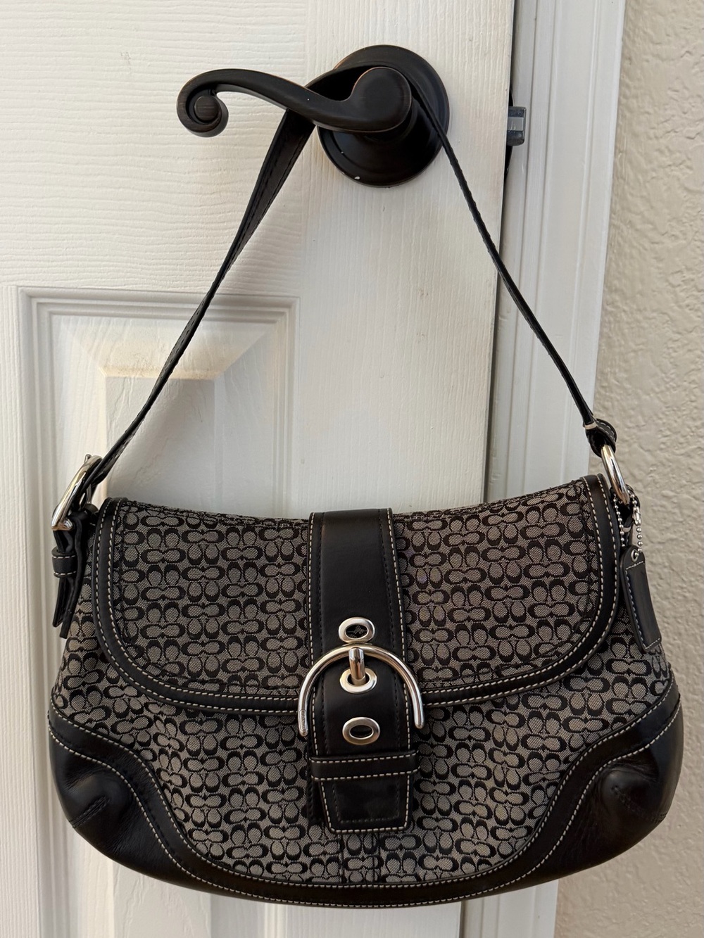 Coach Soho Signature Buckle Flap Shoulder Bag black and gray
